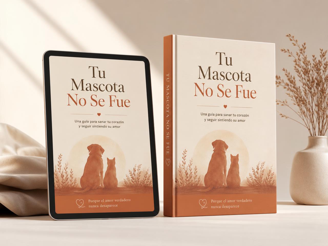Portada de la guía digital Tu Mascota No Se Fue en tablet y libro impreso